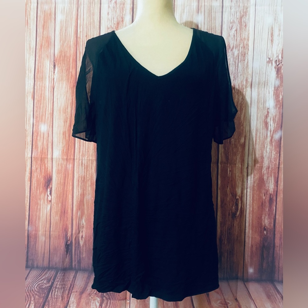 Women’s XL Blouse Vince Camuto Black Short Sheer Cold Shoulder Sleeves Soft